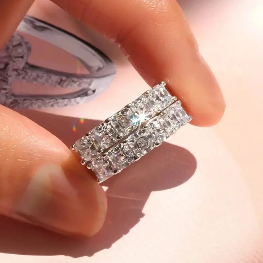 VVS1 Asscher Cut Lab Dia Prong Half Eternity 925 Silver Wedding Band Ring